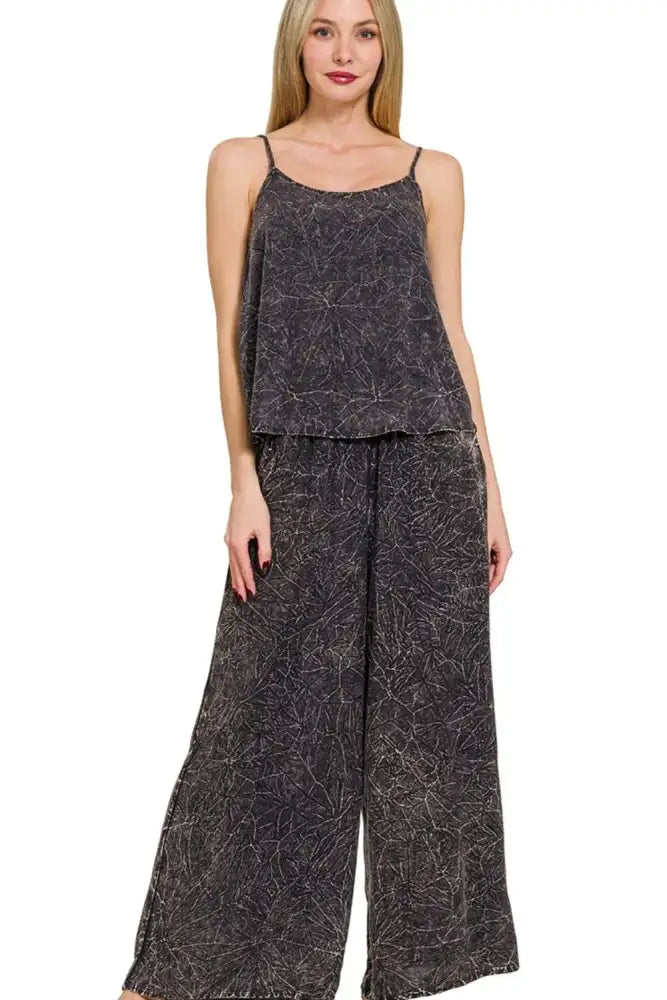 Zenana Woven Acid Crinkle Washed Cami & Pants 2 Piece Set