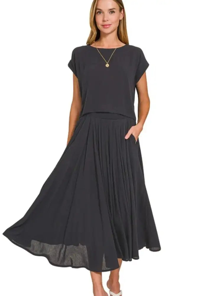 Zenana Woven Crinkle Gauze Crop Tee and Skirt Set