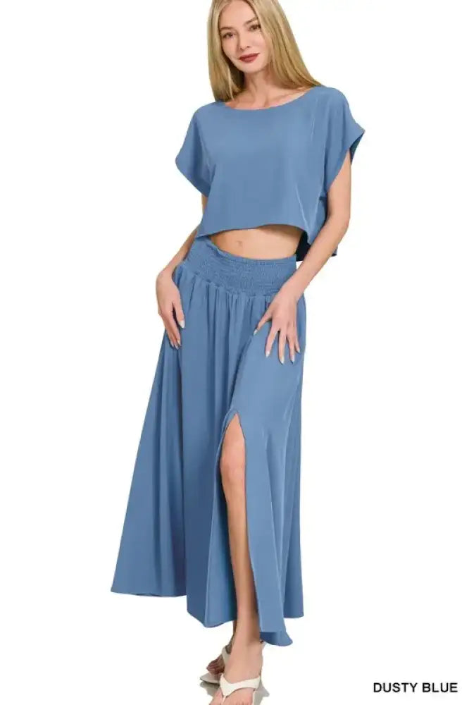 Zenana Woven Crinkle Gauze Crop Tee and Skirt Set