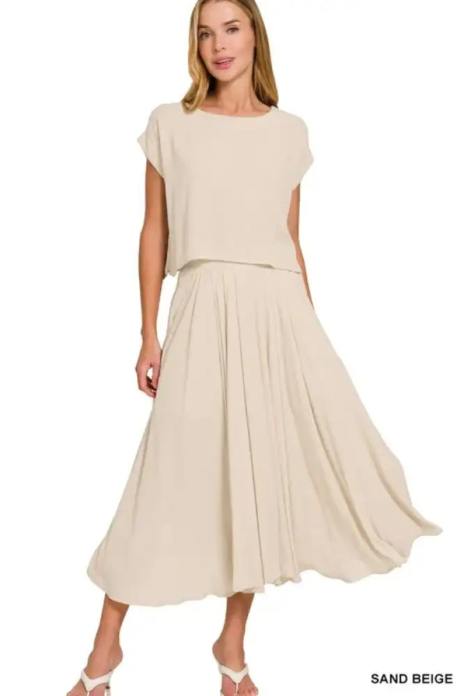 Zenana Woven Crinkle Gauze Crop Tee and Skirt Set