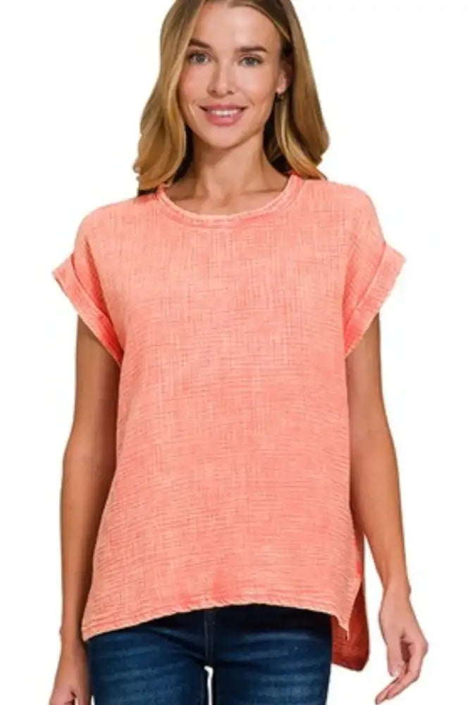 Zenana Woven Double Gauze Acid Washed Short Sleeve Top