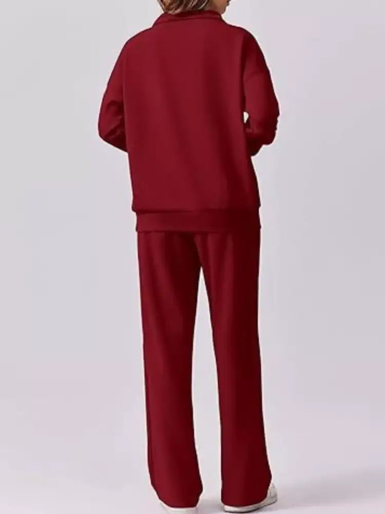 Zip Collar Dropped Shoulder Top and Pants Set