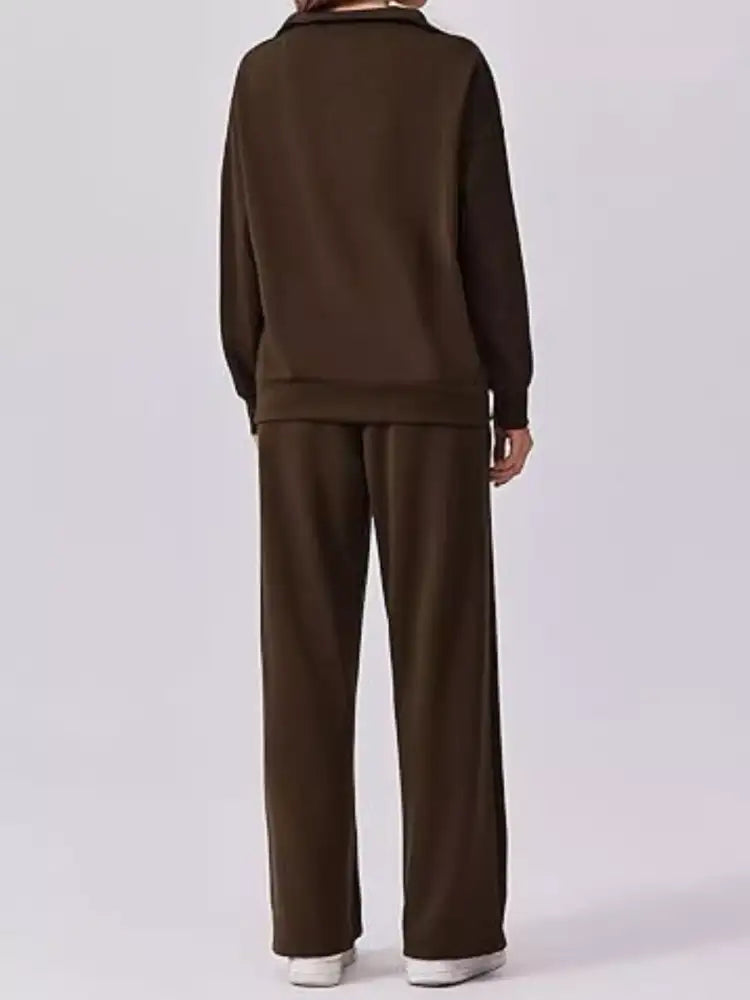 Zip Collar Dropped Shoulder Top and Pants Set