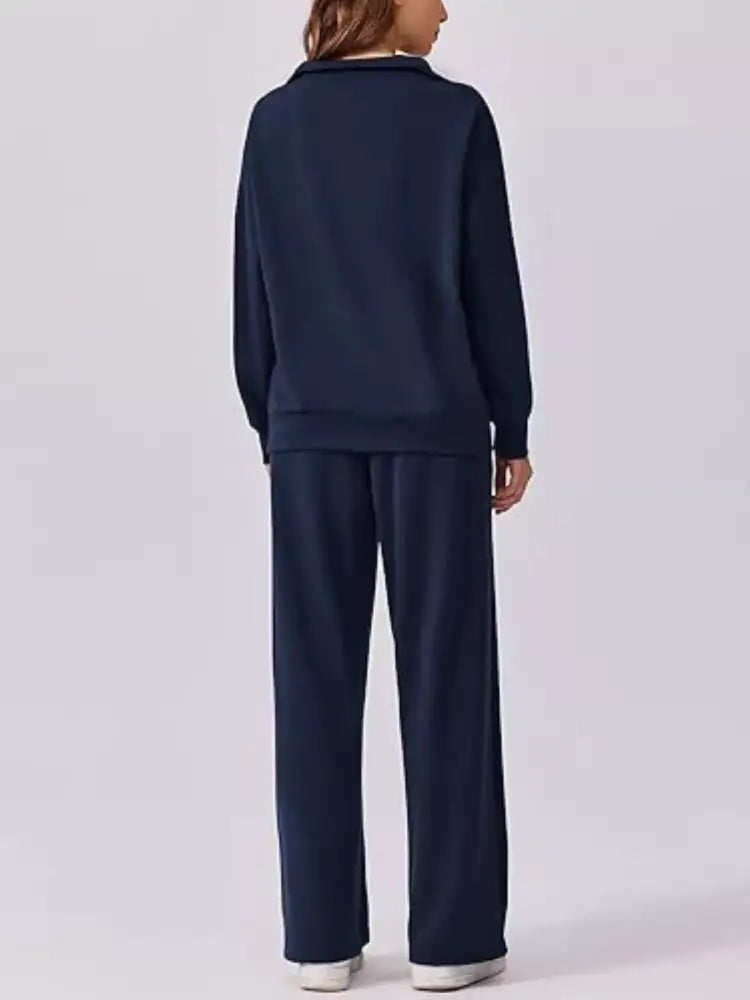 Zip Collar Dropped Shoulder Top and Pants Set