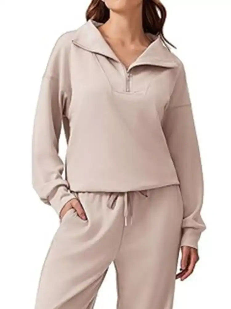 Zip Collar Dropped Shoulder Top and Pants Set