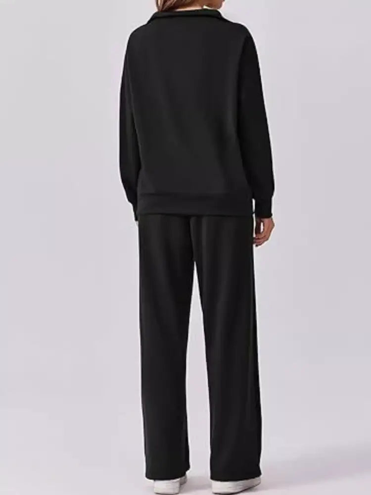 Zip Collar Dropped Shoulder Top and Pants Set