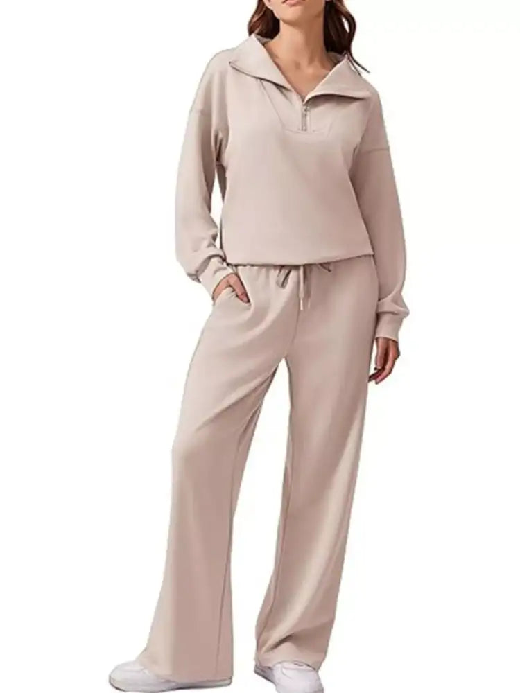 Zip Collar Dropped Shoulder Top and Pants Set