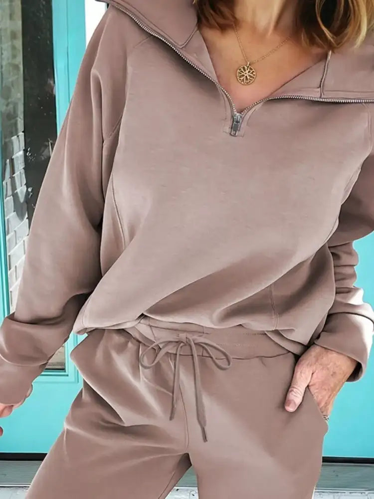 Zip Collar Long Sleeve Top and Drawstring Pants Set