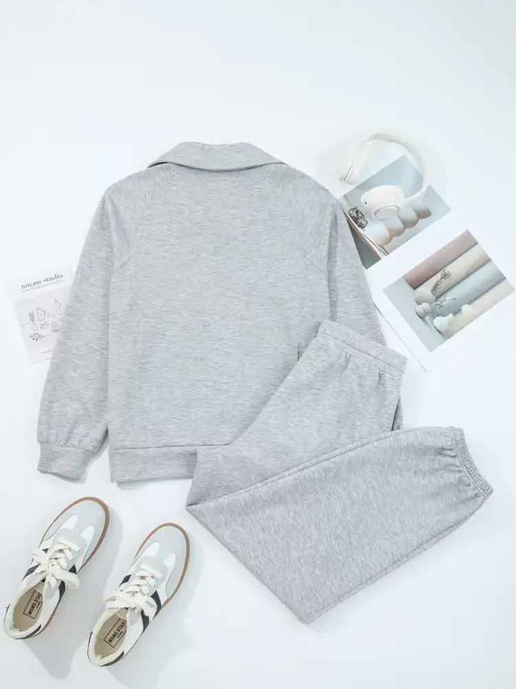 Zip Collar Long Sleeve Top and Drawstring Pants Set