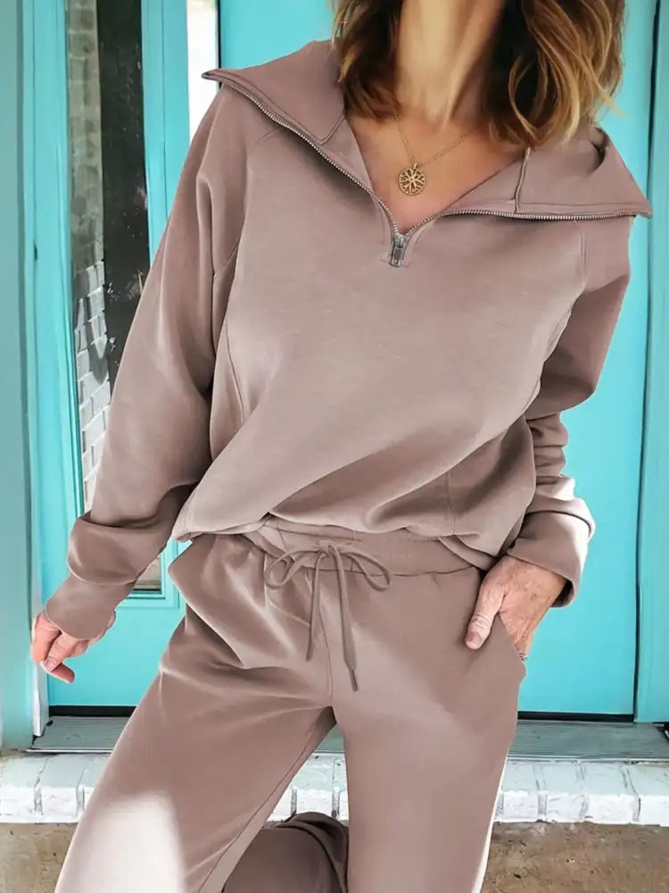 Zip Collar Long Sleeve Top and Drawstring Pants Set