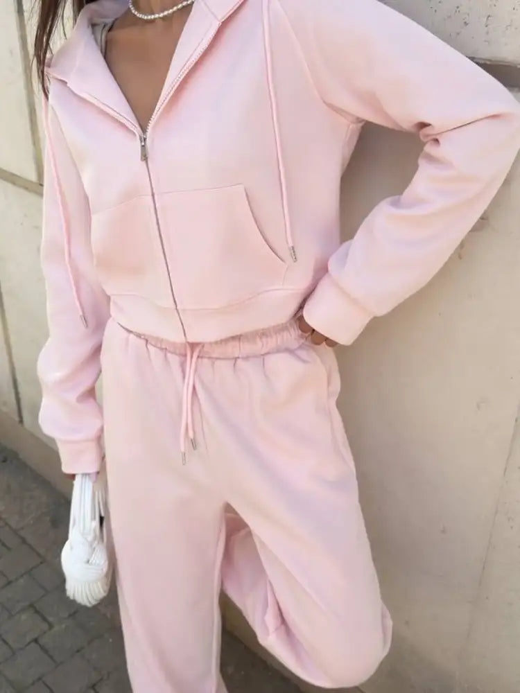 Zip Up Drawstring Hoodie and Pants Set