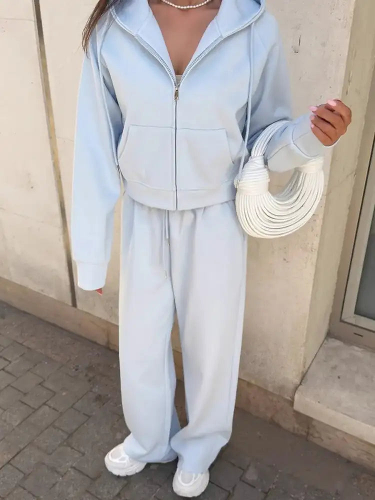 Zip Up Drawstring Hoodie and Pants Set