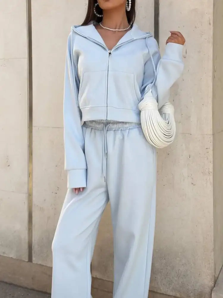 Zip Up Drawstring Hoodie and Pants Set
