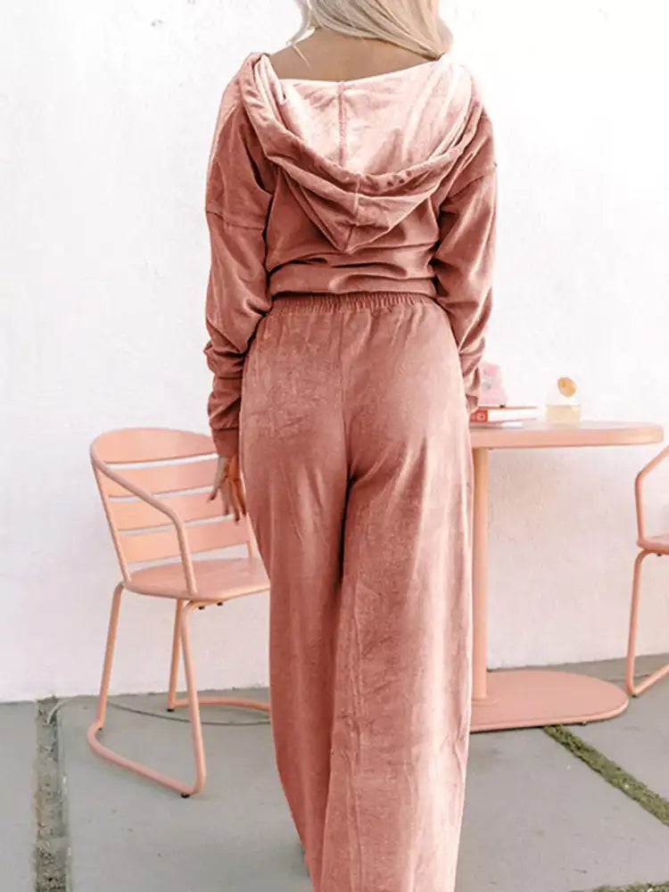 Zip Up Dropped Shoulder Hooded Top and Pants Set