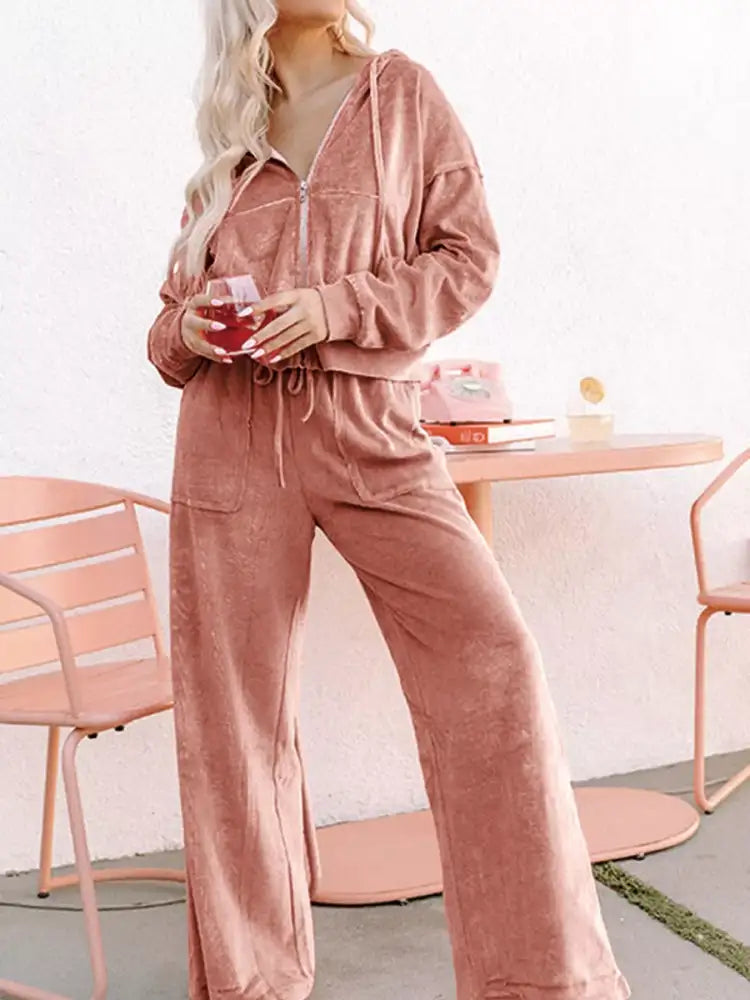 Zip Up Dropped Shoulder Hooded Top and Pants Set