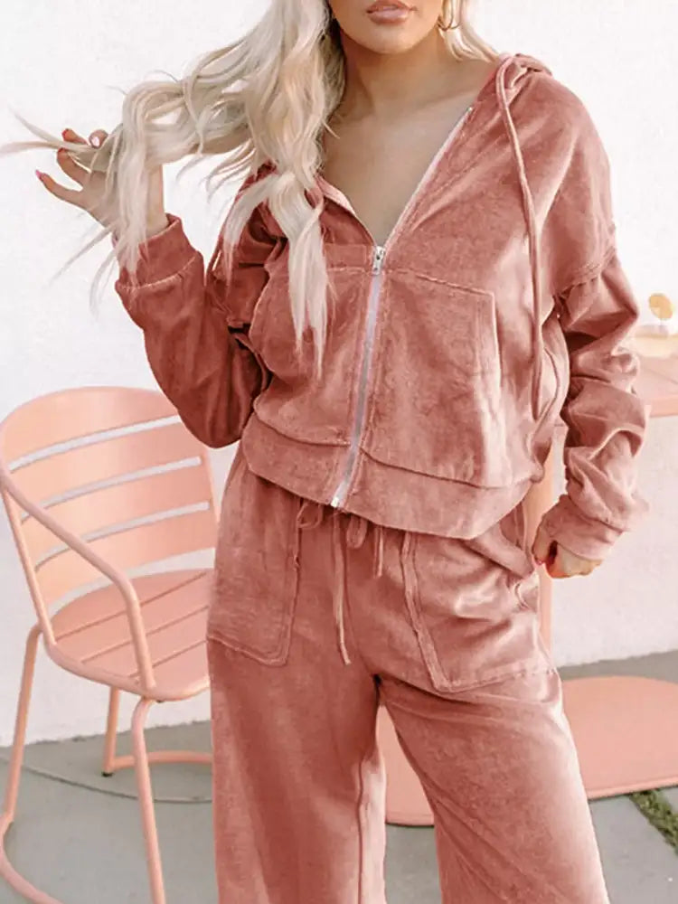 Zip Up Dropped Shoulder Hooded Top and Pants Set