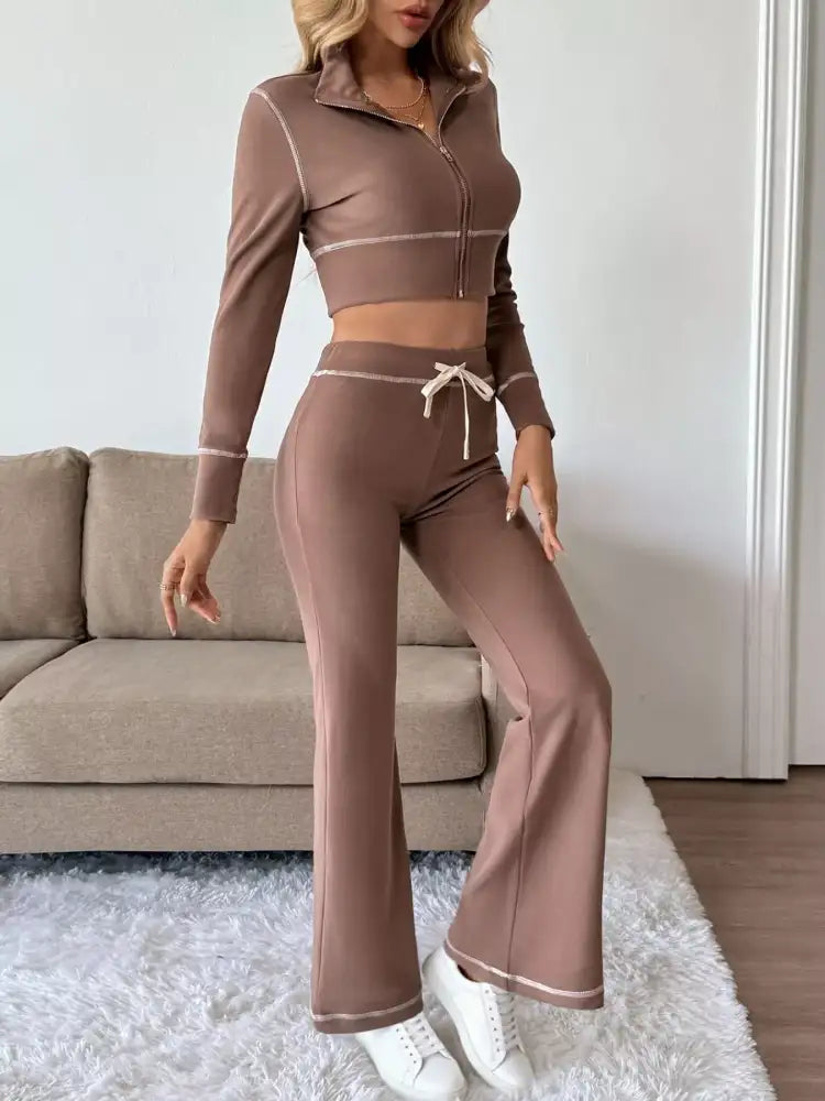 Zip Up Long Sleeve Top and Pants Set