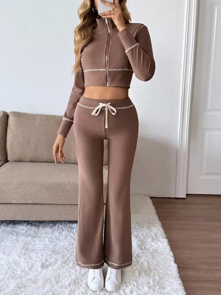 Zip Up Long Sleeve Top and Pants Set