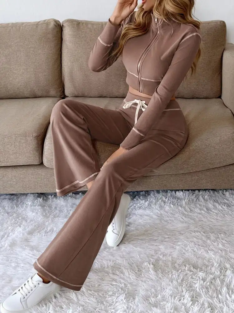 Zip Up Long Sleeve Top and Pants Set