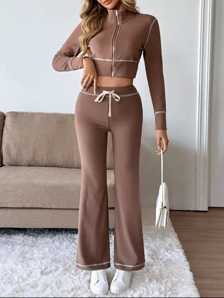 Zip Up Long Sleeve Top and Pants Set