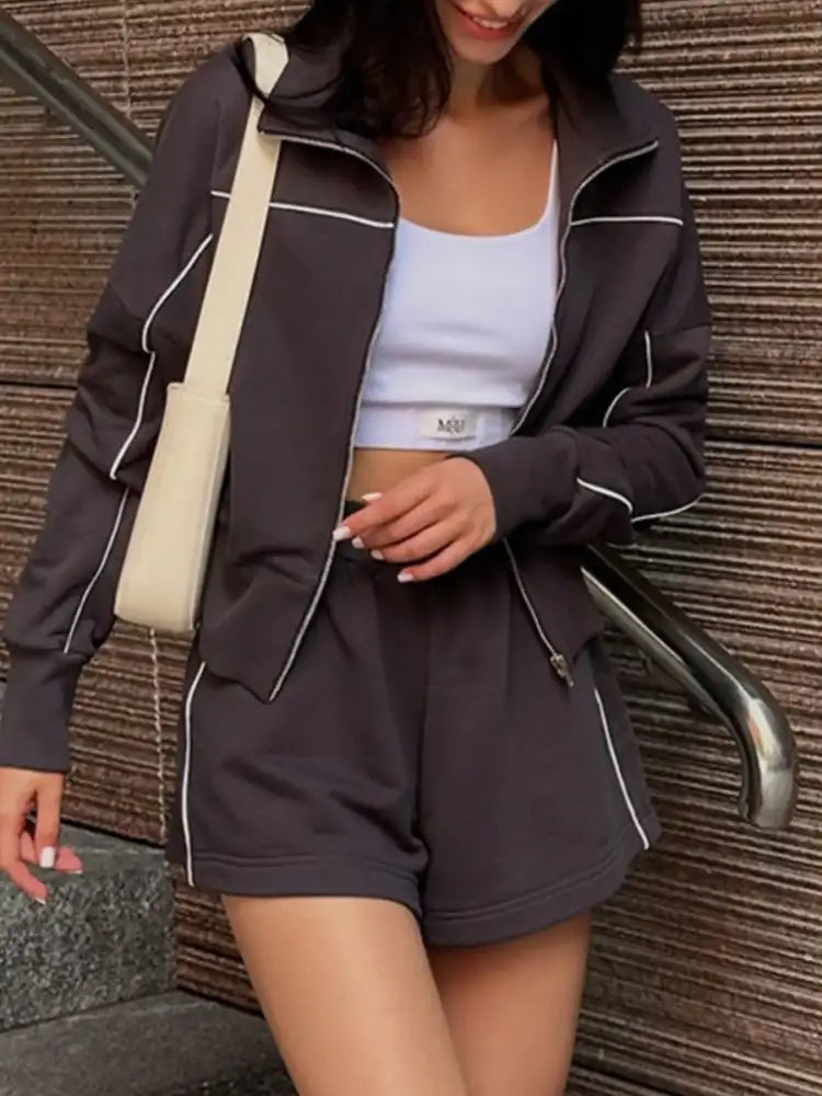 Zip Up Long Sleeve Top and Shorts Set