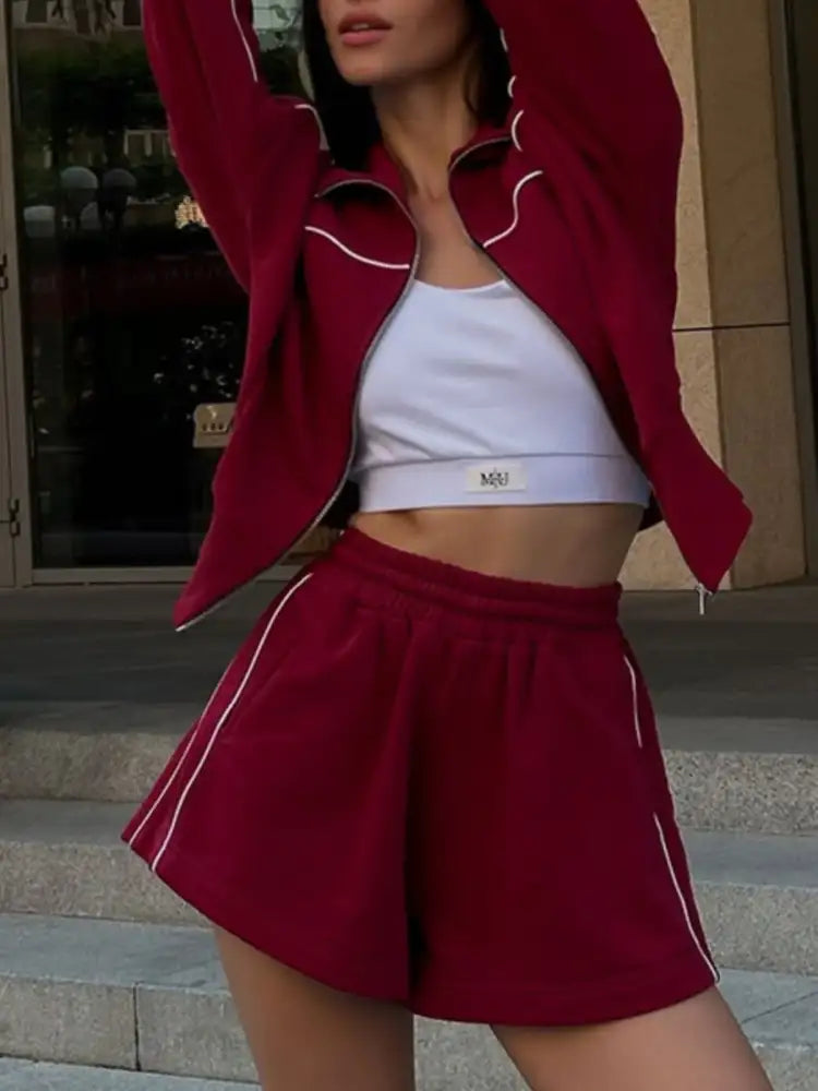 Zip Up Long Sleeve Top and Shorts Set